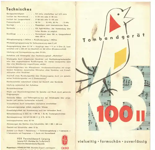 Faltblatt Tonbandgerät KB 100 II VEB Fernmeldewerk Leipzig 1960 DDR