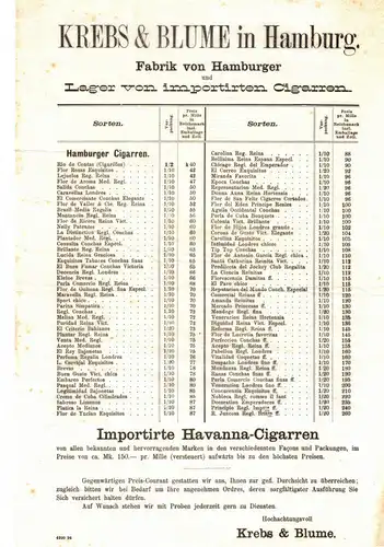 Krebs und Blume Hamburg Cigarren Lager Havanna Zigarren 1894 Liste Werbeblatt