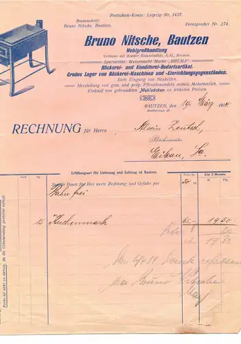 Rechnung Bautzen Bruno Nitsche Bäckerei Konditorei Bedarf 1914