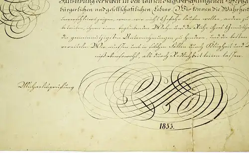 Handschriftliche Schnörkel Urkunde Michaelis Prüfung Kommunion 1855 Dekorativ
