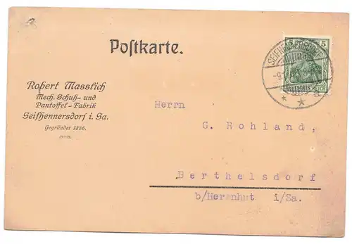 Postkarte Robert Masslich Schuhfabrik Pantoffel Fabrik Seifhennersdorf 1910