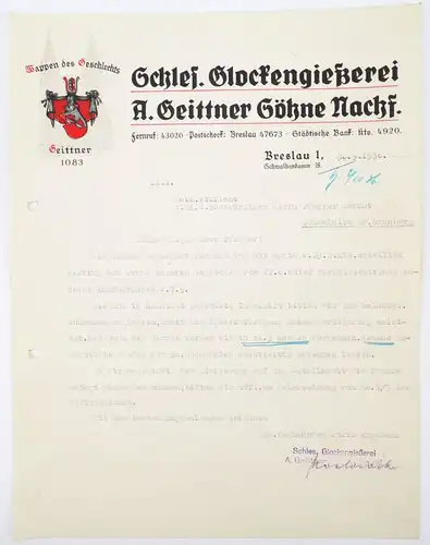 Schlesische Glockengießerei Breslau 1936 Schlesien Wappen Geitner Söhne Dokument