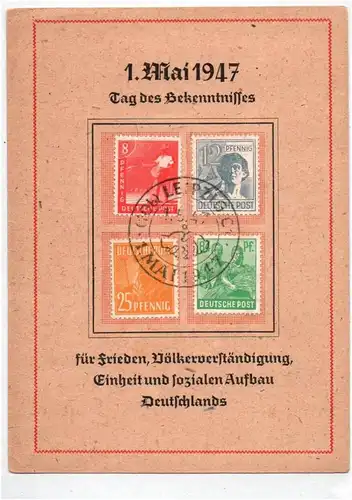 Postkarte 1 Mai 1947 Tag des Bekenntnisses Einheit sozialer Aufbau Leipzig
