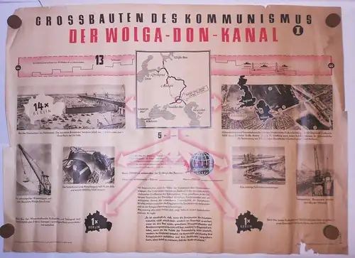DDR Plakat Stalinsche Großbauten Wolga - Don - Kanal Kommunismus Agitation 1952