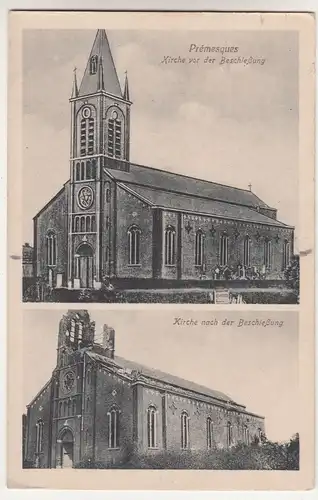 Ak Prémesques Kirche vor & nach der Beschießung Frankreich france 1 Wk IWW