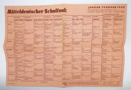 Mitteldeutscher Schulfunk Januar Februar 1950 Aushang Dokument