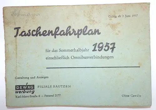 Taschenfahrplan 1957 Sommer Halbjahr Reichsbahn und Omnibus Verbindungen