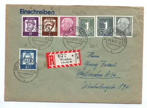 R-Brief Weiden Oberpfalz nach Sachsen Dresden 1961 Heuss + 348 349 355