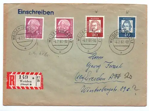 Brief 1961 Weiden nach Dresden Einschreiben Heuss plus 352 und 355