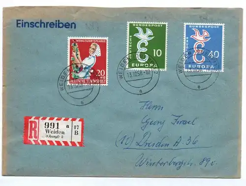 R Brief Weiden nach Dresden 1958 Bundespost Europa Wohlfahrtsmarke