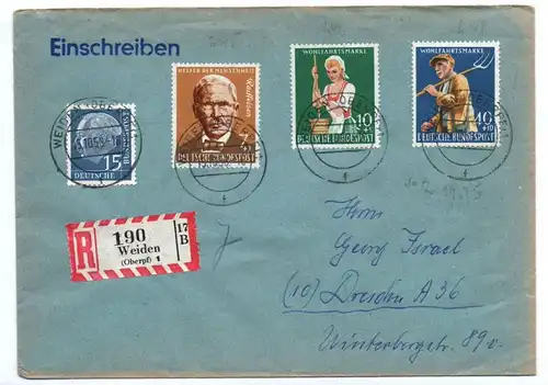 R Brief Weiden nach Dresden 1958 Heuss pls Wohlfahrtsmarke BRD