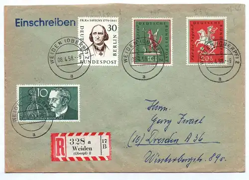 R Brief Einschreiben Weiden nach Dresden 1958 Michel Br 284 286 287 plus 170