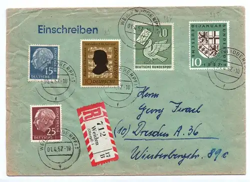 Bundespost Mischfrankatur RBrief Weiden zu Dresden 1957 Heuss plus 234 247 249