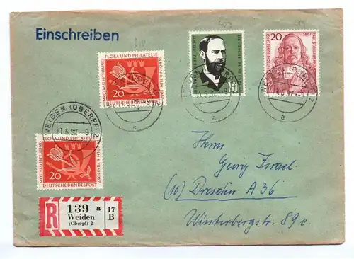 R Brief Weiden Oberpfalz 1957 Einschreiben nach Dresden Mi Nr 252 253 254