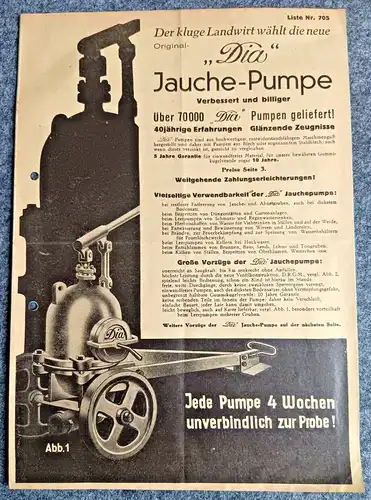 Alter Prospekt Dia Jauchepumpe 1935 Broschüre