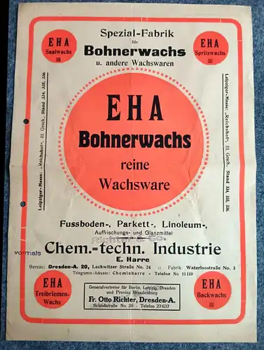 Spezial Fabrik Bohner Wachs alter Prospekt Leipziger Messe Reichshof Werbeblatt