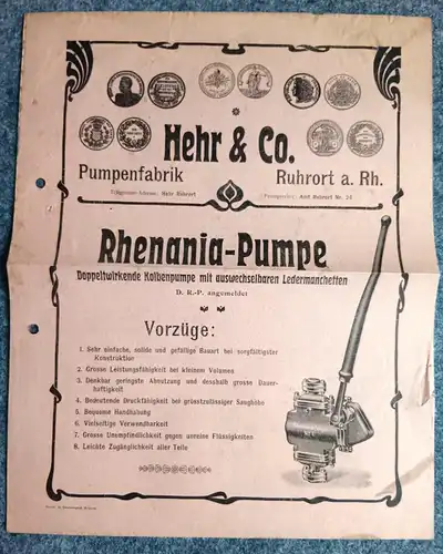 Hehr & Co Rhenania Pumpe Ruhrort am Rhein alter Prospekt Pumpenfabrik