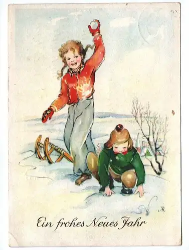Ak Ein frohes neues Jahr Kinder mit Schlittten im Schnee 1953 DDR