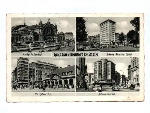 Ak Gruß aus Frankfurt am Main Hauptbahnhof Rhein Main Bank 1957