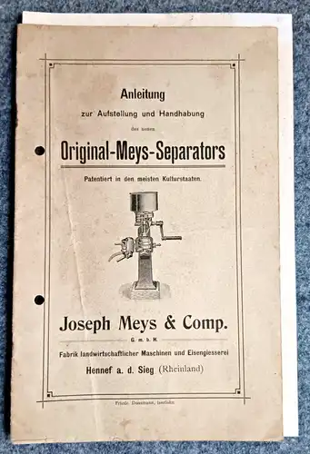 Originale Anleitung Meys Separators 1925 altes Heft Hennef Sieg
