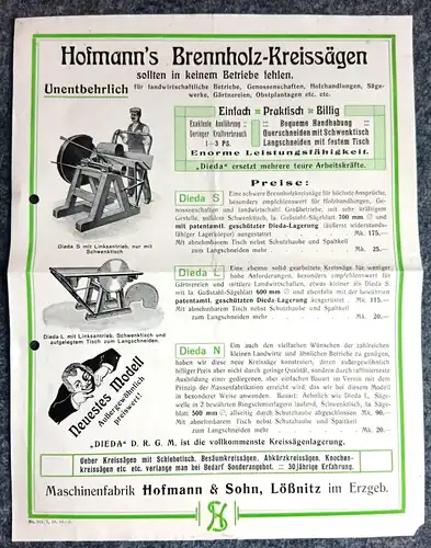 Hoffmanns Brennholz Kreissägen alter Prospekt Maschinenfabrik Lößnitz Erzgebirge