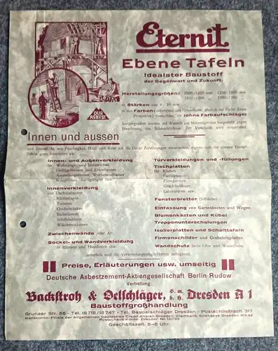 Backstroh & Oelschläger Dresden Eternit Vertrieb Baustoffe alter Prospekt 1931