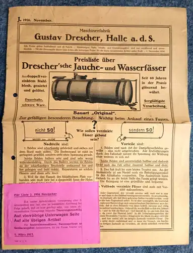 Originaler Prospekt 1916 Maschinenfabrik Halle an der Saale Jauche Wasserfässer