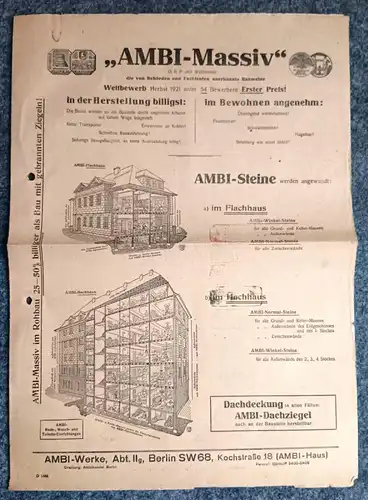 AMBI Massiv alter Prospekt 1921 Ambi-Werke Berlin Werbeblatt Baustoffe