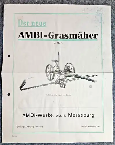 Prospekt Der neue Ambi Grasmäher DRP altes Landwirtschaft Werbeblatt Merseburg
