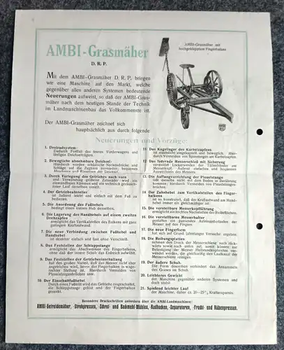 Prospekt Der neue Ambi Grasmäher DRP altes Landwirtschaft Werbeblatt Merseburg