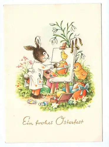 Künstler Ak Osterhase malt Bild Ein frohes Osterfest Postkarte 1963