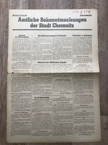 Zeitung Blatt Juli 1945 Milchversorgung in Chemnitz Regelung Wohnraumfrage