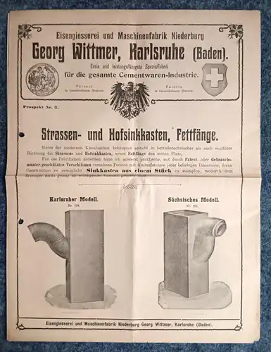 Georg Wittmer Karlsruhe Baden Cementwaren Spezialfabrik 2 Stück alter Prospekt