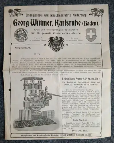Altes Werbeblatt Maschinenfabrik Niederburg Hydraulische Presse Karlsruhe Baden
