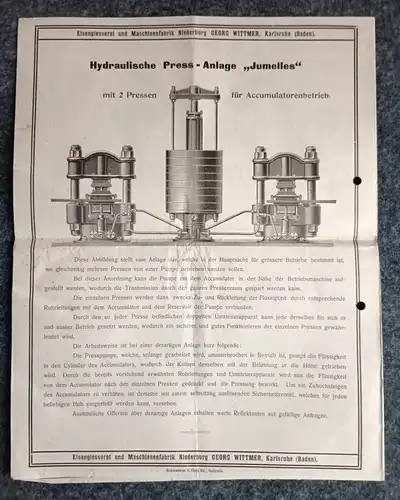 Altes Werbeblatt Maschinenfabrik Niederburg Hydraulische Presse Karlsruhe Baden