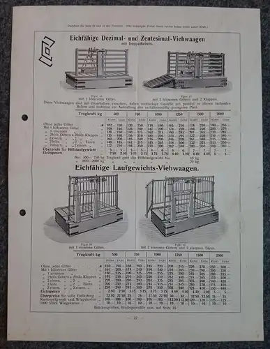 Werbung Eichfähige Dezimal und Zentesimal Viehwaagen Preisliste alte Prospekt