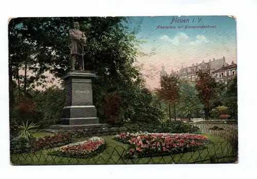 Ak Plauen Albertplatz mit Bismarckdenkmal 1914 DR