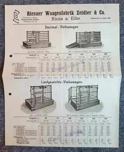 Alte Preisliste Dezimal Viehwaagen Riesaer Waagenfabrik Zeidler Werbung Prospekt