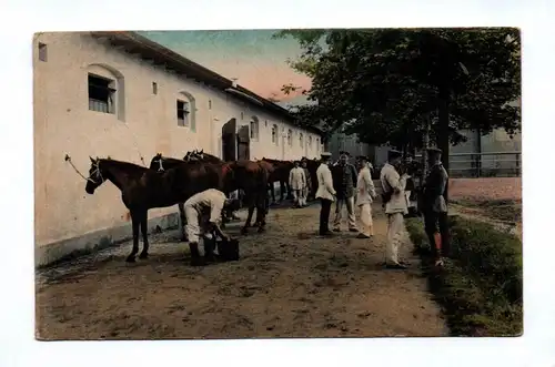 Ak Kaserne der K. S. 1. Train Abteilung No. 12 Beim Pferdeputzen 1916 Feldpost