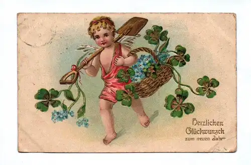 Ak Herzlichen Glückwunsch zum neuen Jahr 1910 Kind mit Blumen Gold geprägt