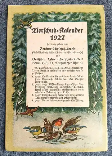 Originaler Tierschutz Kalender 1927 alter Kalender Berliner Tierschutz Verein