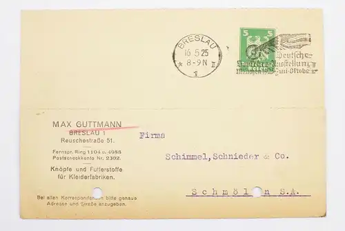 Breslau Drucksache Max Guttmann Knöpfe 1925 Deutsche Verkehrsausstellung Stempel