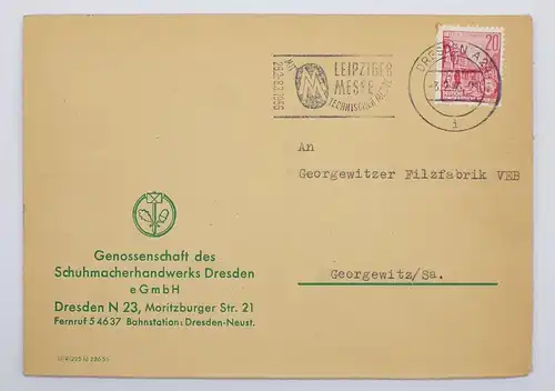 DDR Brief 1956 Schumacher Handwerk Dresden Stempel Leipziger Messe