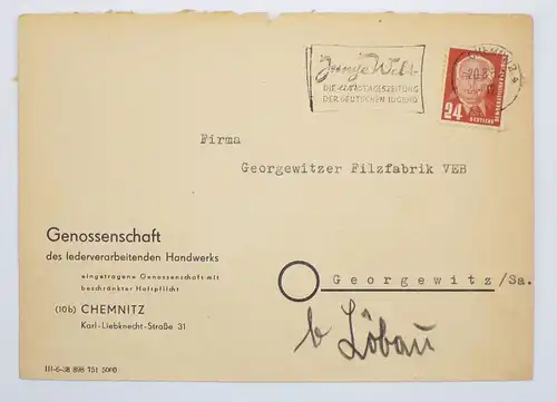 DDR Brief Genossenschaft leder verarbeitenden Handwerk 1952 Chemnitz