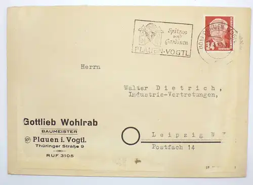 Plauen Brief 1952 Gottlieb Wohlrab Baumeister Plauen Vogtland 1952