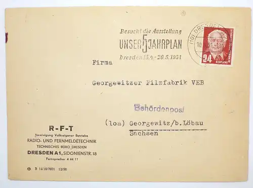 RFT Radio Fernmeldetechnik Dresden Firmenbrief Werbung 1951 Jahresplan Stempel