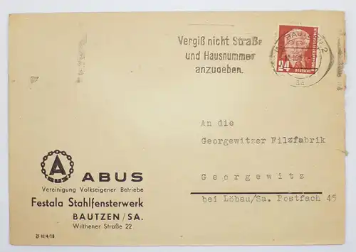 Firmen Brief Abus Festalla Stahlfenster Werk Bautzen 1952 Pieck