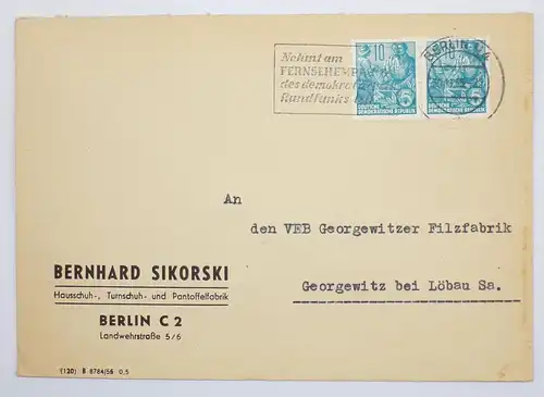 Firmen Brief Bernhard Sikorski Hausschuh Turnschuh Pantoffel Fabrik Berlin 1955