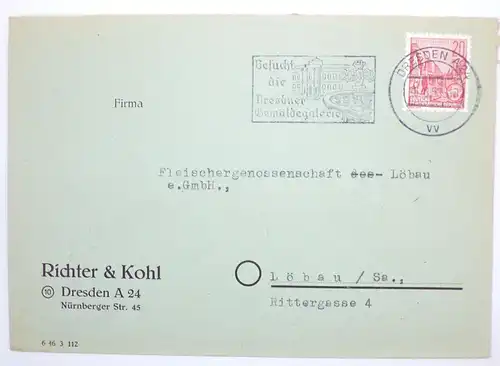 Dresden Firmenbrief Richter u Kohl Werbestempel Gemäldegalerie Top Abschlag 1953