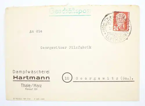 Werbe Brief Dampfwäscherei Hartmann Thale Harz 1952